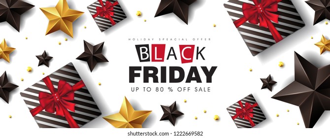 Black friday sale banner layout design template with gift box , black and gold stars. Vector illustration