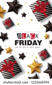 Black friday sale banner layout design template with gift box , black and gold stars. Vector illustration