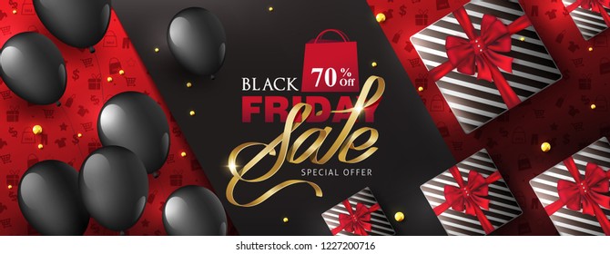 Black friday sale banner layout design template with gift box and balloons. Vector illustration