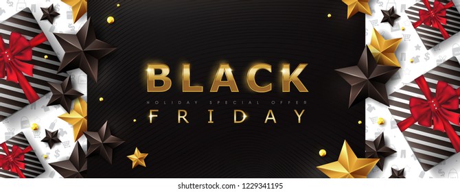 Black friday sale banner layout design template with stars and gift box. Vector illustration