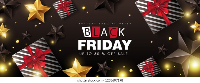 Black friday sale banner layout design template with gift box , black and gold stars. Vector illustration