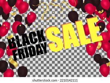 Black friday sale banner layout  posters or flyers design with balloons and confetti. Vector illustration. Place for text.