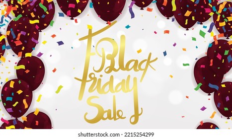 Black friday sale banner layout  posters or flyers design with balloons and confetti. Vector illustration. Place for text.