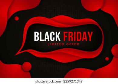 Black friday sale banner layout design. limited offer abstract Background. Vector poster with dot halftone and shadow effect. combination red and black gradient color. wave circle bubble shape element