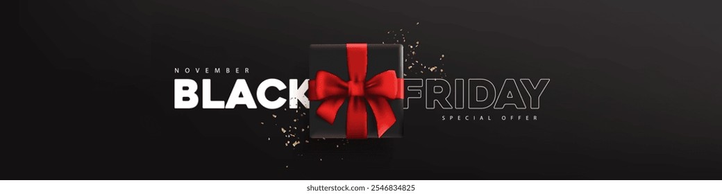 Black friday sale banner layout design template with black gift box red bow decorate