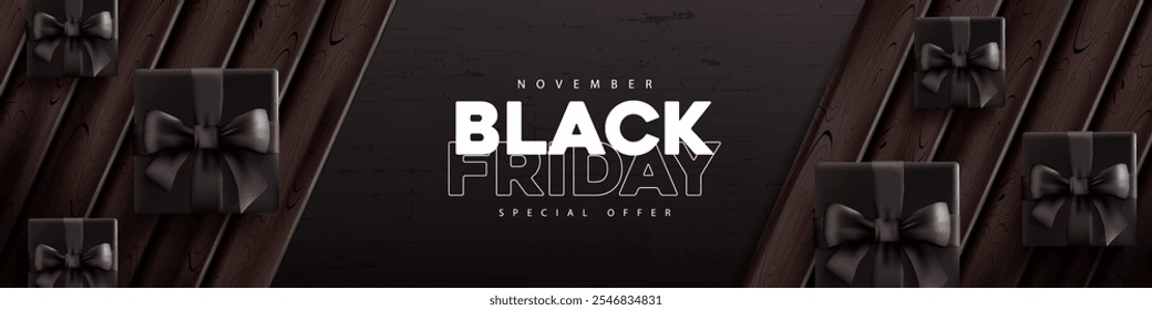 Black friday sale banner layout design template with black gift box black bow decorate on black plank