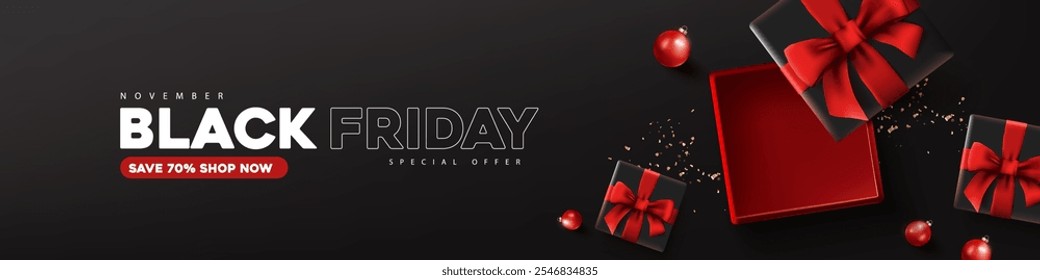 Black friday sale banner layout design template with open gift box red bow decorate