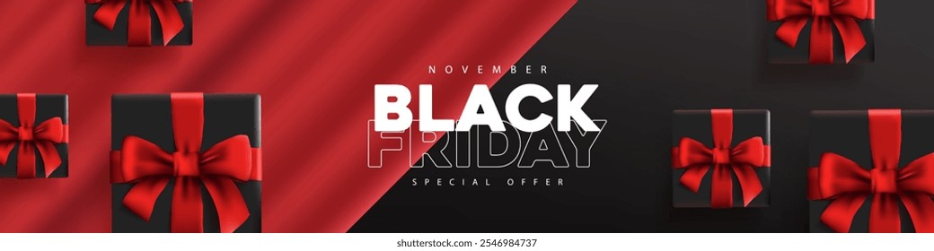 Black friday sale banner layout design template with black gift box red bow decorate on red silk. Advertising Poster design Black friday campaign.