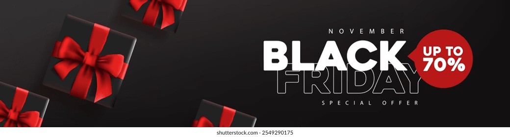 Black friday sale banner layout design template with black gift box red bow decorate. Advertising Poster design Black friday campaign.