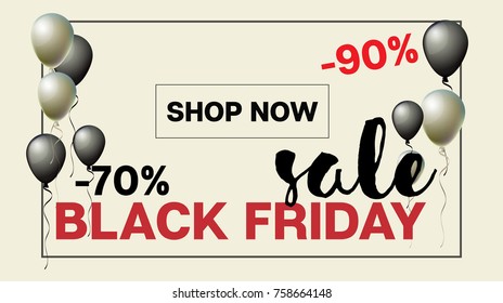 Black Friday Sale Banner with Lettering and Balloons. Vector Black and Silver Realistic Balloons Discount Poster Rich Gold VIP Premium Advert. Cool Black Friday Sale Banner for Business or Holiday Ads