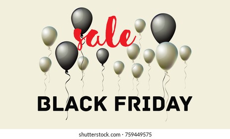 Black Friday Sale Banner with Lettering and Balloons. Vector Black and Silver Realistic Balloons Discount Poster Rich Gold VIP Premium Advert. Cool Black Friday Sale Banner for Business or Holiday Ads