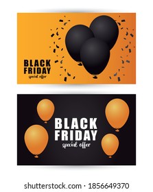 black friday sale banner with letterings and balloons helium vector illustration design