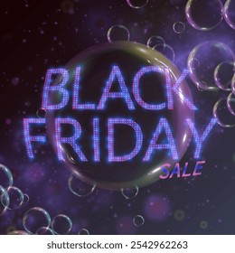 Black Friday Sale Banner. Light purple banner with text and bright LED background. Bright abstract web banner for sale and advertising design. Vector