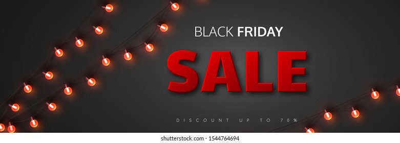 Black Friday sale banner. Lights bulb garland with 3d lettering in red color. Black background. Vector.