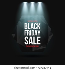 Black Friday Sale banner with low polygonal geometric shape, illuminated by spotlights. Vector illustration.