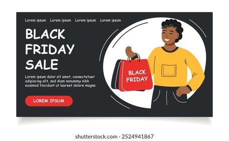 Black friday sale banner. Man holding shopping bags. Black Friday background.