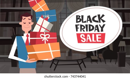 Black Friday Sale Banner With Man Holding Many Gift Boxes Holiday Presents Shopping Poster Design Vector Illustration