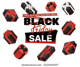 Black Friday sale banner with many gift boxes around. Red and black box with bows. Design template for sale promotion, advertising and social media. Vector illustration