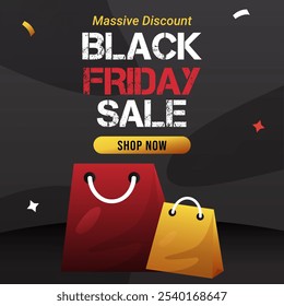 Anuncio de rebajas del Black Friday. Descuento masivo. Ilustración vectorial. Compra ahora. Anuncio Black Friday Sale con bolsas de compras.