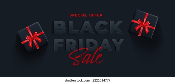 Black Friday Sale banner. Modern minimal design with black 3d typography and Gift boxes. Trendy creative template for promotion, advertising, web, social and fashion ads. Vector illustration.