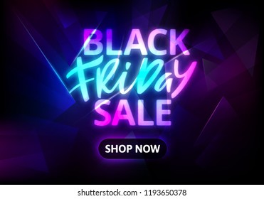 Black Friday Sale Banner. Neon Text on Dark Background. Vector Advertising Illustration.
