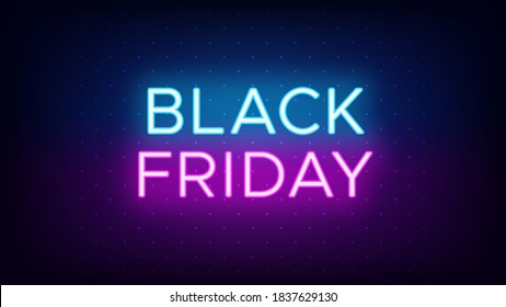 Black Friday sale banner in neon style. Promo banner with glowing neon text of Black Friday for social media and advertising. Vivid headline and title. Vector illustration, blue and purple colors