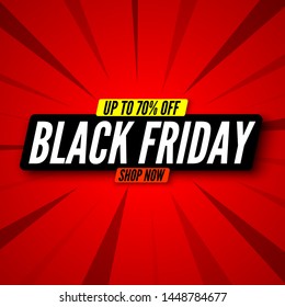 Black friday sale banner on red striped background, up to 70% off. Vector illustration.