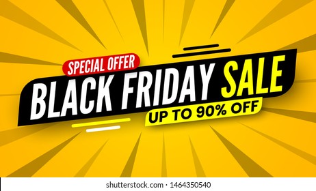 Black friday sale banner on striped background, special offer up to 90% off. Vector illustration.