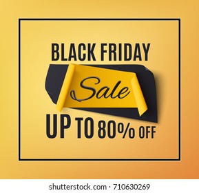 Black friday sale banner, on orange background with frame. Template for poster or brochure. Vector illustration.