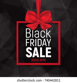 Black Friday Sale banner on polygonal background with frame and bow. Vector illustration.