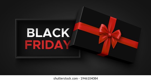 Black friday sale banner with open gift box and red bow. Package with ribbon. Vector illustration.