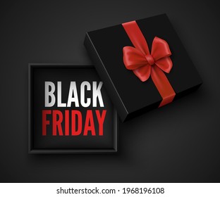 Black friday sale banner with open gift box and red bow. Package with ribbon. Vector illustration.