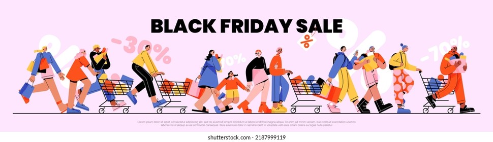 Black friday sale banner with people run for shopping. Promo background with excited characters hurry to buy things, purchase in store, riding trolley in supermarket, Line art flat vector illustration