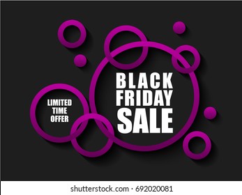 Black Friday sale banner with pink rings. Limited time offer on dark background. White text for advertising banner.