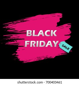 Black friday sale banner. Pink grunge brush stroke on Black background With blue tag with an inscription sale.