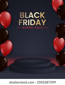 Black Friday sale banner with black podium and red black balloons vector illustration