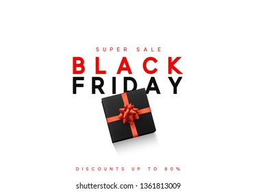 Black Friday sale, banner, poster advert. Card offert promotion design. Background black gift box with red bow.