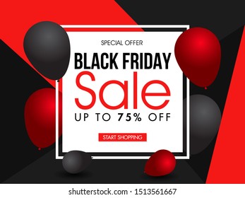 Black Friday Sale banner or poster design with 75% discount offer and balloons decorated on red and black background.