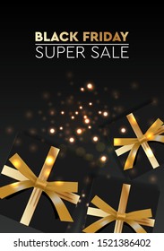 Black Friday Sale. Banner, poster, logo golden color on dark background. Design with realistic black gift boxes with golden ribbon, vector illustration