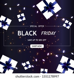Black Friday Sale banner, poster or flyer design with gold confetti, gift boxes with dark blue bows. Trendy modern design template for advertisement, social and fashion ads. Vector illustration