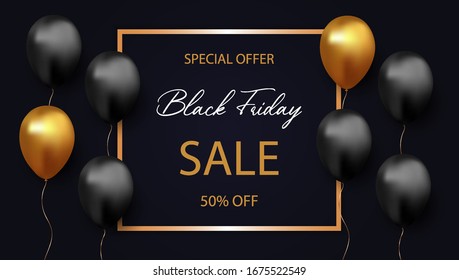 Black Friday sale banner, poster. Luxury vector illustration with golden, dark balloons, frame and text on isolated blue background