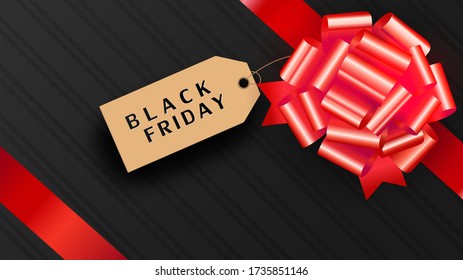 Black Friday sale, banner, poster. Red ribbon bow decorated with tag label isolated on black background. Top view like gift box. Vector illustration.