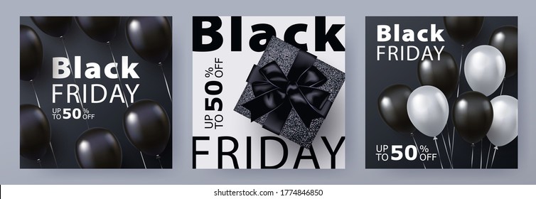 Black Friday Sale banner, poster or flyer design with realistic 3d black and white hellium balloons on black background and beautiful gift whith black bow. Modern minimal design.  Vector illustration