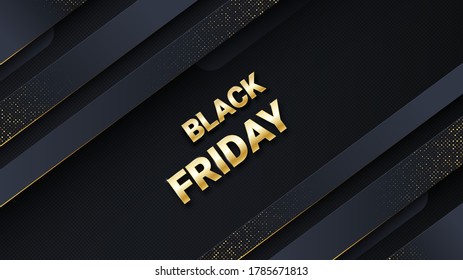 Black friday sale banner or poster on carbon luxury abstract background. Black friday commercial banner, 3d dynamic shapes and golden letters. Vector business illustration with black overlap layers