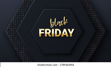 Black friday sale banner or poster with black honeycomb tiles. Black friday commercial banner. Hexagon geometry pattern. Minimal black background of honeycomb for modern cover, ad baner, web