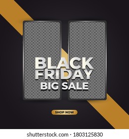 Black Friday sale banner or poster with smartphone mockup on black and gold background