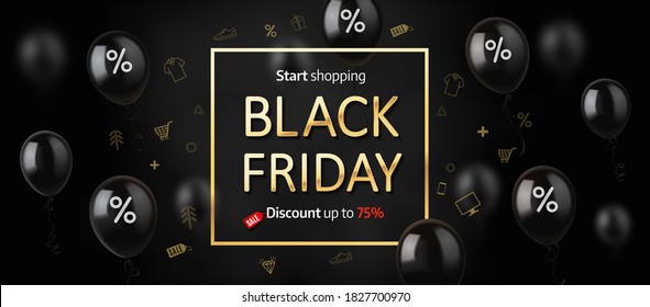 Black Friday Sale, banner, poster, golden logo color on dark background with Shiny Balloons