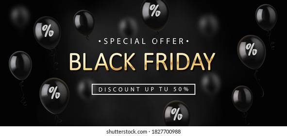 Black Friday Sale, banner, poster, logo. Golden color inscription on dark background with Shiny Balloons