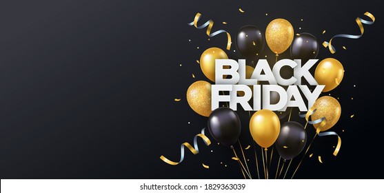 Black Friday Sale banner, poster, flyer design with gold and black 3d realistic flying balloons on black background. Modern design template for advertisement, social and fashion ads. Copy space