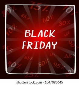 Black Friday sale. Banner, poster, logo in white on a dark background with discount percentages.